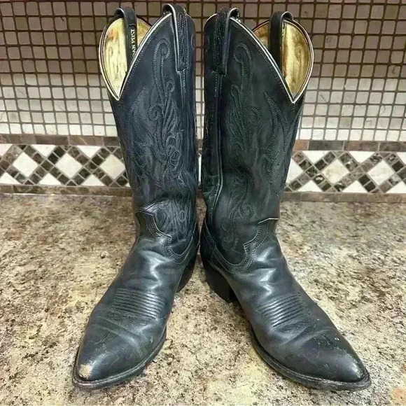 Dan Post Black Men’s Cowboy Boots 9D Western Pull On Boots Embroidered Rodeo - Picture 5 of 10